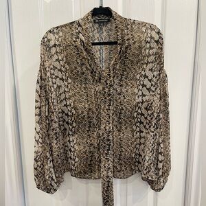 I-N-C - Office Wear Chic Animal Print Snake Pattern Blouse with Tie Neck Size M